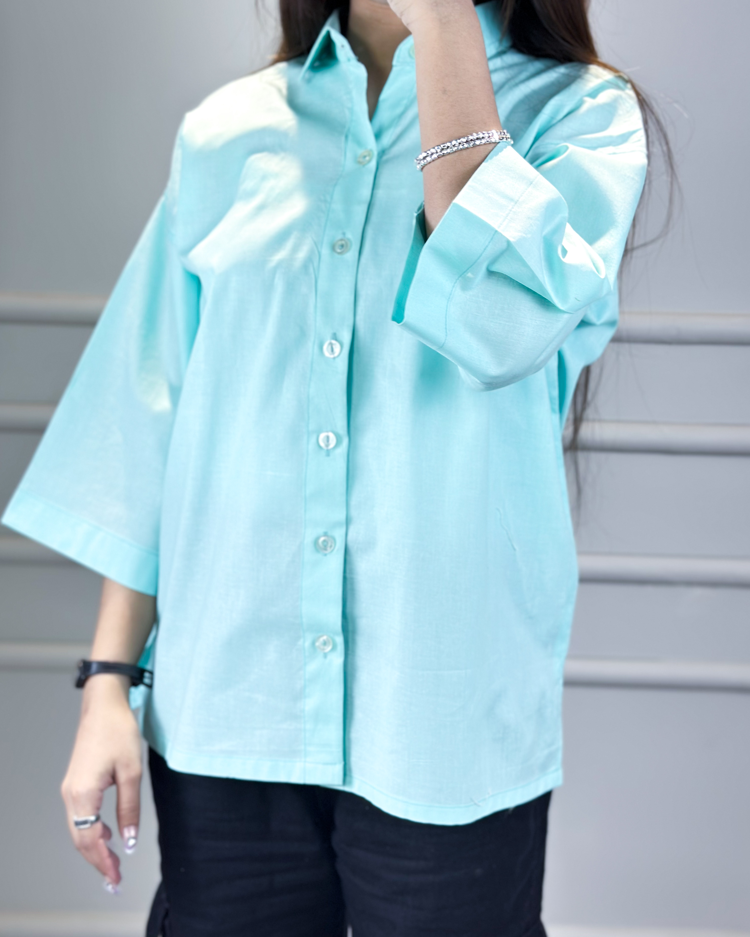 Boxy blue button down shirt 