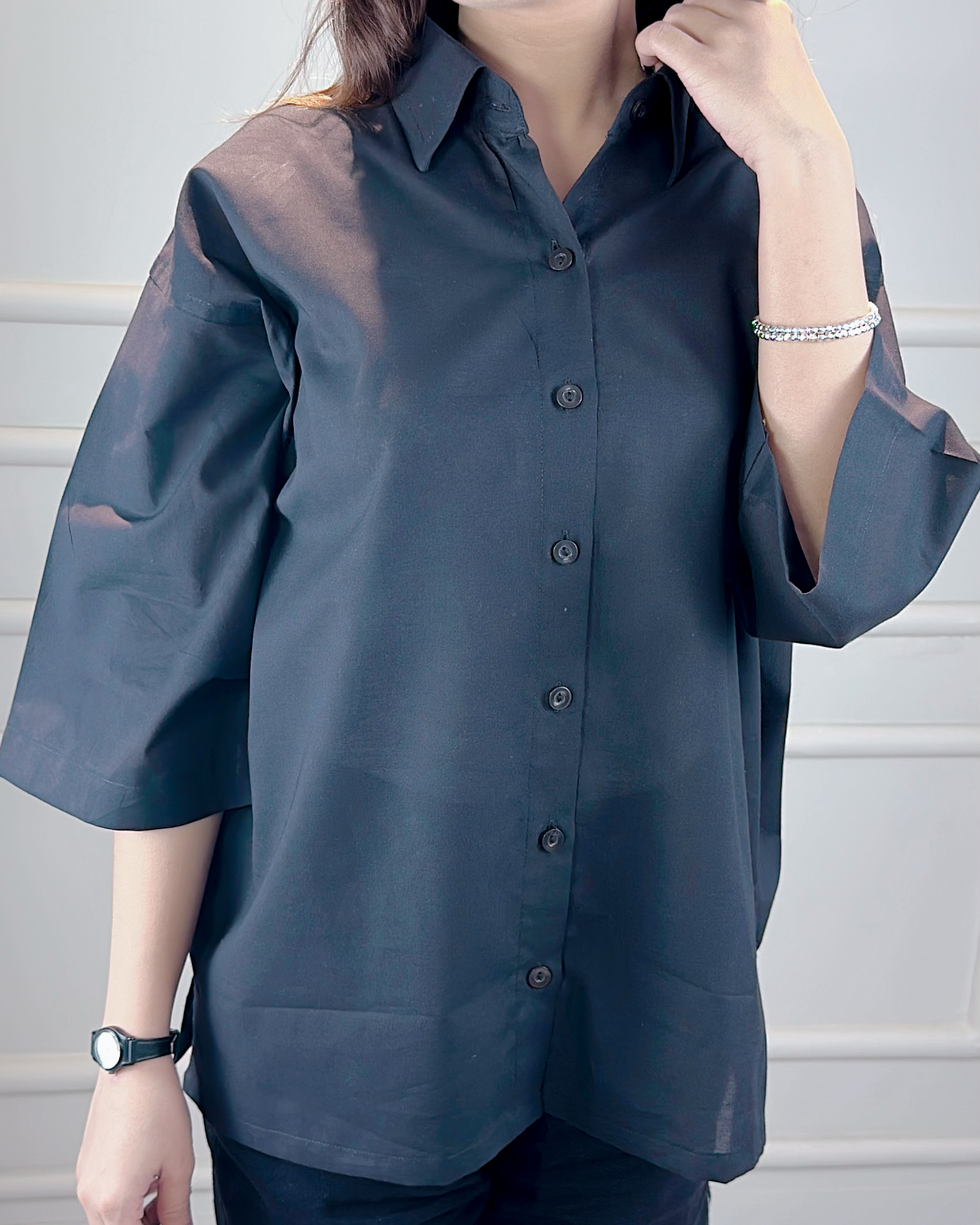 Boxy black button down shirt 